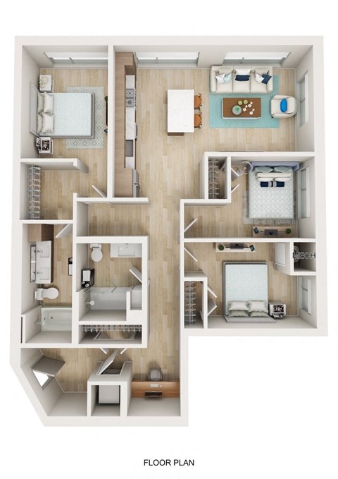 Floor plan for 3 beds, 2 baths, 1224 sqft